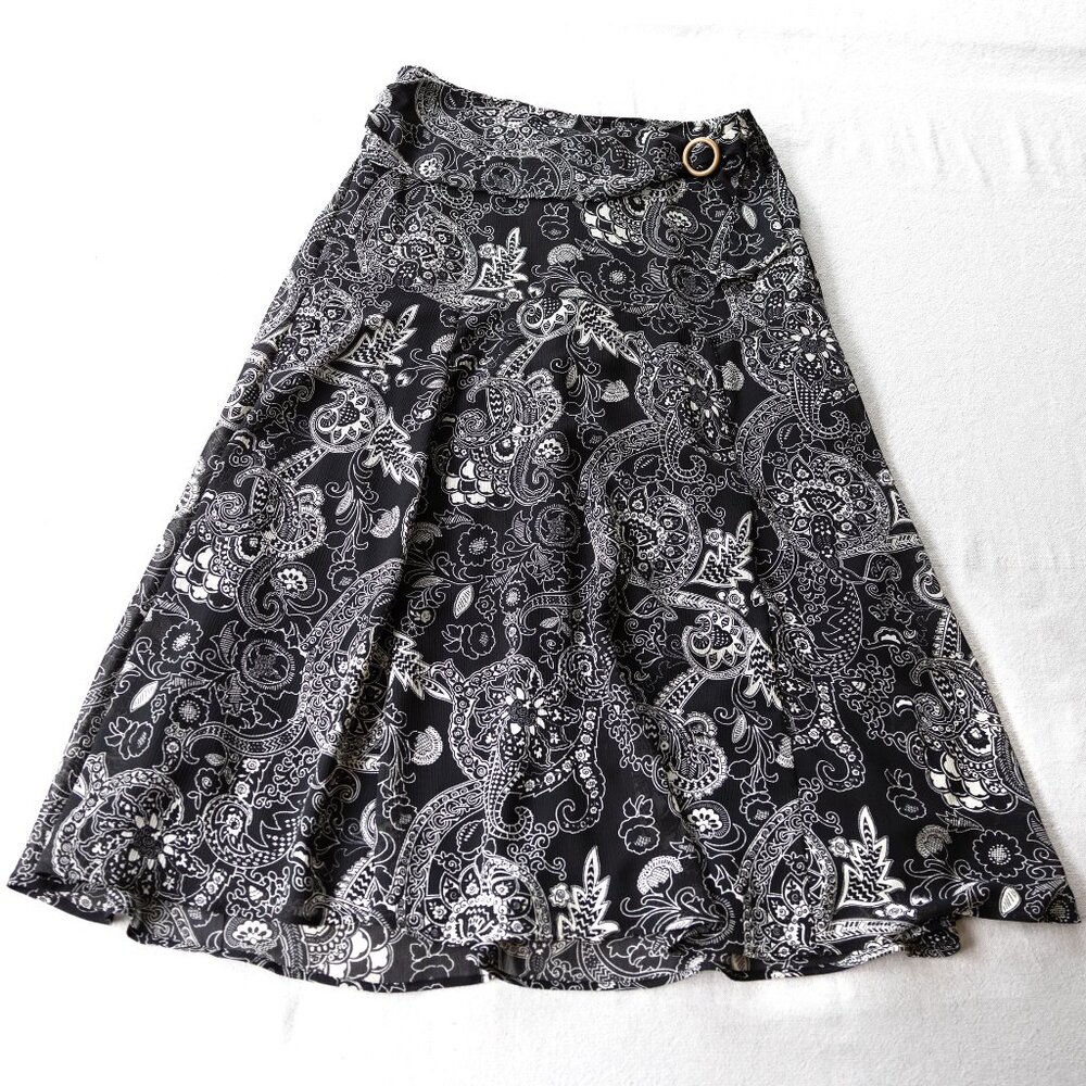 Vintage Black White Paisley Boho A-Line Skirt | 90s Indie Sleaze | Whimsigoth